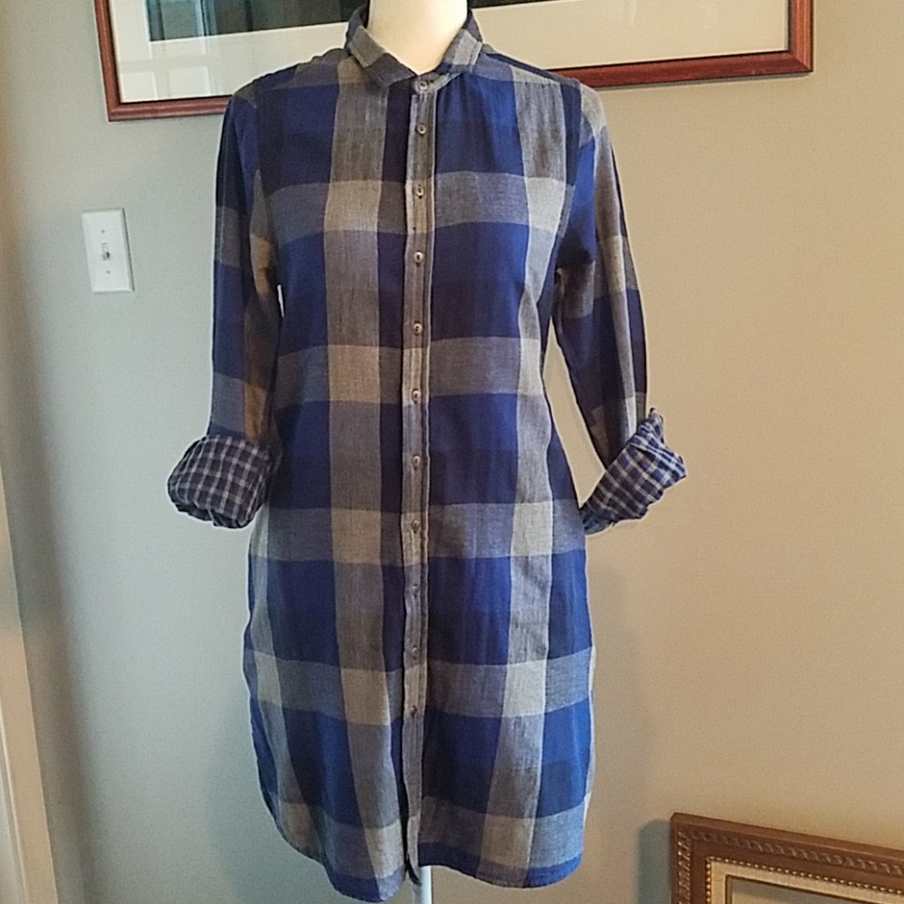 Cotton button down plaid dress sz large w/pockets